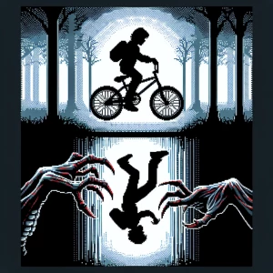 Create an image featuring a boy's silhouette on a bicycle mid-ai...