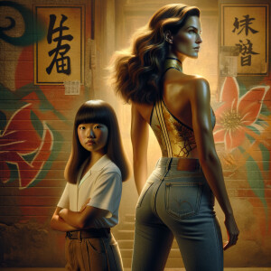 Athletic Thin skinny Attractive, Asian teenage girl, long brown hair and bangs, wearing tight skinny jeans and a halter top paint marks on her clothing, heroic pose Asian graffiti background, backside view