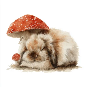 Fluffy brown rabbit sleeping under red spotted mushroom, soft wa...