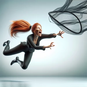 Ginger haired ponytail  woman in black facing camera  flying thr...