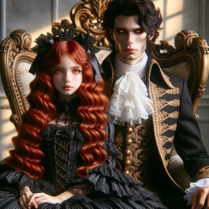 A girl with elegant gothic lolita dress sit beside handsome Lucifer, the girl has red wavy hair and golden eyes, thrones