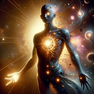 A luminously glowing Solarpunk stygian elemental, radiating with...