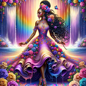 Remix Prompt
S/O Jackie Torres
S/O Panda Locke

create a animated style hyper realistic airbrush whimsical oil painting of a light African American woman wearing a flawless beautiful purple, pink, and gold blossom dress long flowing with colorful flowers and ruffles on the dress colorful jewelry made of flowers she has long black dreadlocks in a bun a colorful rose in her hair her peep toe shoes is matching her dress behind her is a beautiful waterfall liquid glowing lights beautiful colorful rainbow surrounded by beautiful roses.