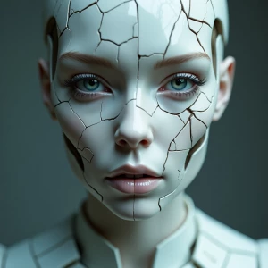 a beautiful humanoid female,  close up of a broken android, digi...