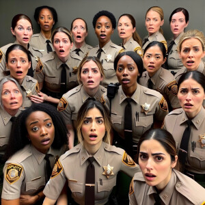Female deputies casting anxious glances towards the camera as th...
