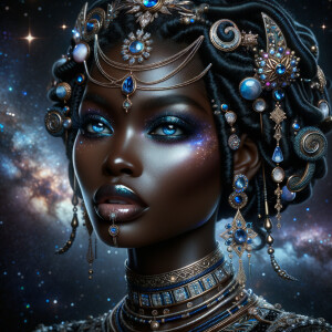 "Create a portrait of a regal African-American woman with an ethereal and cosmic theme. Her skin is a glossy ebony, with a smooth and flawless finish that reflects light. Her eyes are a striking electric blue, like sapphires, with a makeup that accentuates their shape and the intensity of their color. Her hair is styled into an intricate array of braids, coils, and twists that cascade down and frame her face, adorned with beads and jewels that catch the light. She wears an elaborate headdress made of swirling patterns and motifs that evoke the mysteries of the universe, studded with shimmering stones and intricate enamel work in hues of blue and gold. Her attire consists of a cascade of layered necklaces and a majestic, shoulder-grazing earring, each piece detailed with a mix of precious stones, metals, and intricate beadwork. The background is a tapestry of stars and nebulas, suggesting a connection to the cosmos. Her pose is serene, with a hand gracefully touching her chin, adorned with rings that complement her other jewelry, all coming together to suggest an aura of wisdom and grace."