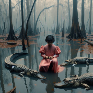 a young child in close proximity to three alligators in a swampy...