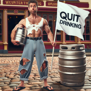 Create a funny picture: a man holding a beer keg with one hand s...