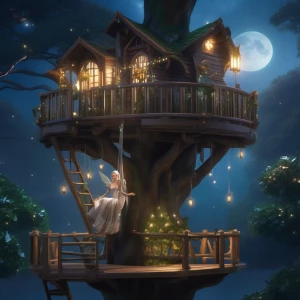 An elegantly dressed elf with flowing silver hair, standing atop a treehouse platform. Below them, the lush forest glows softly under the moonlight, with faint magical lights drifting in the background.