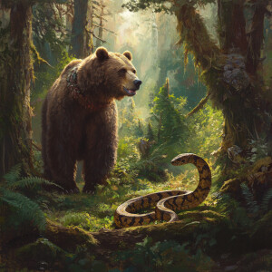 Create a vivid scene in a lush forest where a majestic bear and...
