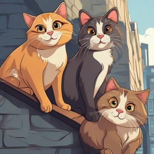 Three mischievous cats sitting on a ledge, looking mischievously...