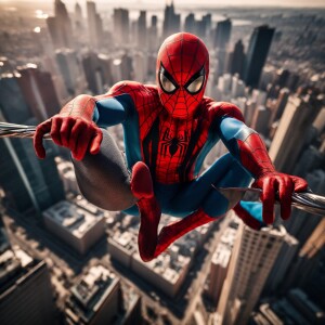 Spiderman swinging above a sprawling cityscape, directly engagin...