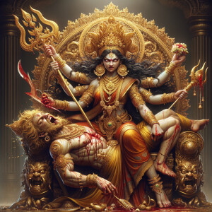 portrait of angry looking goddess durga, sitting on a gold crown and carrying a weak mahishasur on her lap and stabbing him with her amazingly designed trident. She is wearing gold armor, a huge gold crown, red saree, abundant gold jewelry, covered in blood. The scene is set in ancient India. The image is 8K resolution, cinematic, ultra detailed face and epic.