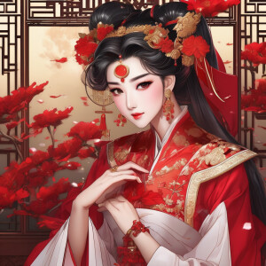 Chinese antique wedding dress，red theme，Beautiful woman with a...