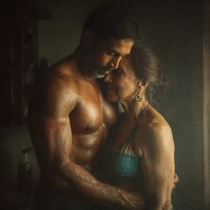 Realism photo painting.a muscular sweaty indian man standing b...