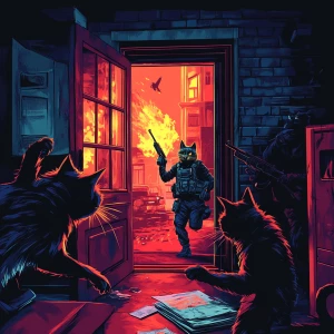 A crime boss cat flipping a table as SWAT-like cats burst throug...