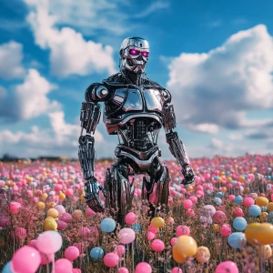 The terminator standing in a field of candy