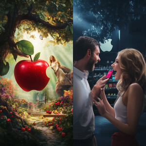 split screen. left the garden of Eden where Adam takes a bite ou...