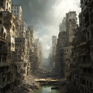 A vast, abandoned cityscape. Crumbling buildings fill the enviro...