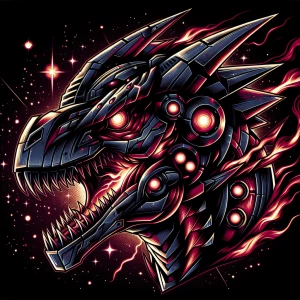 cosmic tattoo design of an aggressive robot dinosaur head with g...