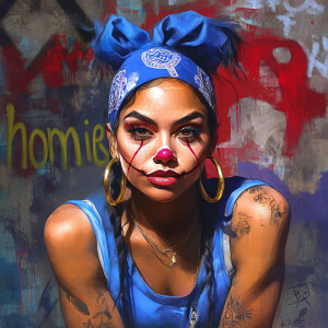 Create an image featuring a Latina woman with  chicana clown mak...