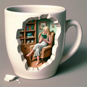 15 ounce white ceramic coffee mug, white part has a chunk missin...