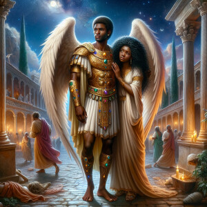 Create an oil painting image featuring a male angel and a grievi...