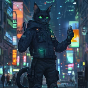 A humanoid cat character stands in a bustling cityscape at night...