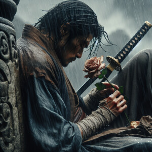 A wounded swordsman leaning his back on the rock, savoring the f...