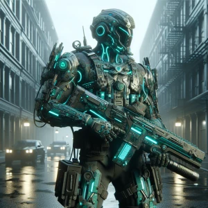 Futuristic soldier with advanced armor, weaponry, and helmet, ne...