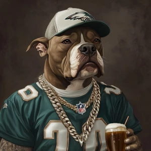 Create an image of a pit bull wearing a white gold chain and a Philadelphia Eagles  cap and football jersey. He is also holding a beer