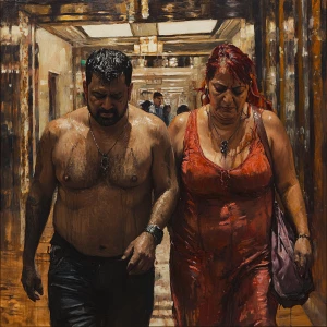 realistic painting.A sweaty beefy man walking with his 54 year o...