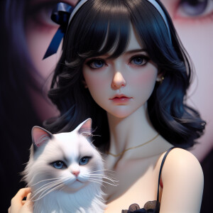Realistic anime woman with dark blue hair and dark brown eyes. S...