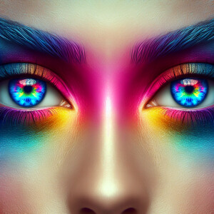 multicolored eyes, prominently featuring shades of blue, pink, a...