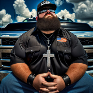 A 350 pound  caucasian male with a black beard, wearing a silver...