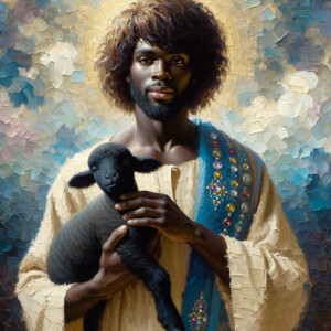 Oil painting of an African-American man resembling Jesus Christ,...