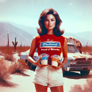 Create a faded color film photograph from 1973 of a beautiful, n...