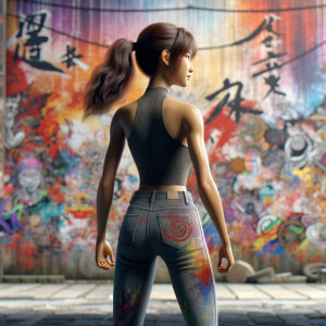 Athletic Thin skinny Attractive, Asian teenage girl, long brown hair and bangs, wearing tight skinny jeans and a halter top paint marks on her clothing, heroic pose Asian graffiti background, backside view