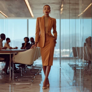 Create an image of a commanding Black woman leading a meeting in...