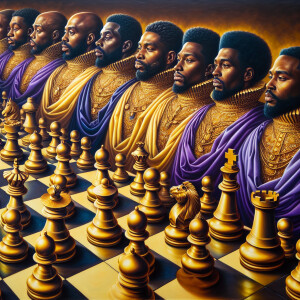 3-D realistic oil, painting, Oh a gold, and purple human chessbo...