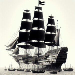 A ship with people moored to another empty ship with a black rav...
