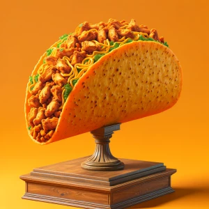 Generate an image of an oversized chicken taco with a vivid oran...