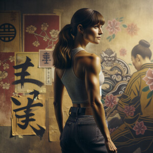 Athletic Thin skinny Attractive, Asian teenage girl, long brown hair and bangs, wearing tight skinny jeans and a halter top paint marks on her clothing, heroic pose Asian graffiti background, backside view