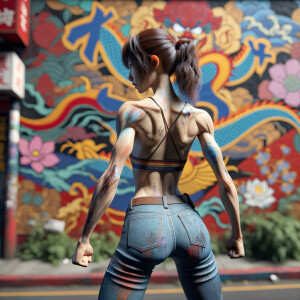 Athletic Thin skinny Attractive, Asian teenage girl, long brown hair and bangs, wearing tight skinny jeans and a halter top paint marks on her clothing, heroic pose Asian graffiti background, backside view