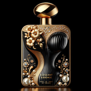 Design a fancy, black and gold bottle of perfume in the shape of a woman’s body. With a golden diamond top, flowers pearls and Diamonds in the name, Karen