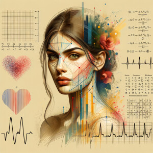 Abstract, minimalist, painting, with pencil line, paint stroke, gestures, colorful marks, mathematical equations, electrical cardiogram, printouts complex math formulas, dna asian teen girl