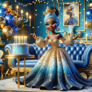 In a festive room filled with decorations, a joyful 3D animated african-American character, styled like a celebratory doll, is seated on a luxurious blue couch. She is dressed in a splendid blue and gold gown, with the fabric shimmering like a starlit night sky. Her outfit is complemented by gold earrings and a chic blue and gold head wrap crowning her head with elegance. Beside her, a beautifully decorated birthday cake adorned with blue and gold icing, stands on a small table, with candles waiting to be wished upon. In the air, blue and gold balloons catch the light, adding a touch of magic. The room itself is a harmony of celebration, with hints of gold accents against blue decor, creating an atmosphere of joyous celebration.