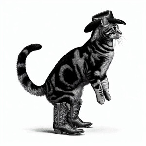Draw a black and gray tabby cat in a standing position on its hi...