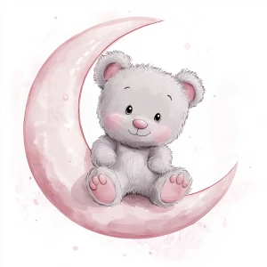 A cute, cartoon teddybear sits on a stylized, rosy-pink crescent moon. The teaddy bear is light gray with large, round, pink-spotted ears.  Its body is round and he has expressive eyes.  its facial expression is happy and friendly. The teddy bears legs and feet are visible, and its posture is relaxed, sitting, slumped into the moon. The moon is a soft, shaded pink, with watercolor-like texture and subtle shading. The background is white. The image is in a child-friendly style, showcasing delicate line work and color palettes. The composition is centered on the teddy bear which is positioned on the moon. The overall style is sweet, whimsical, and reminiscent of children's book illustrations.  The colors are pastel and soothing, creating a gentle atmosphere.