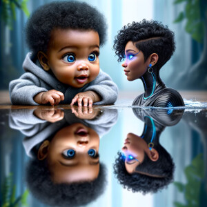 A curious cute african-American, baby with huge blue eyes and cu...
